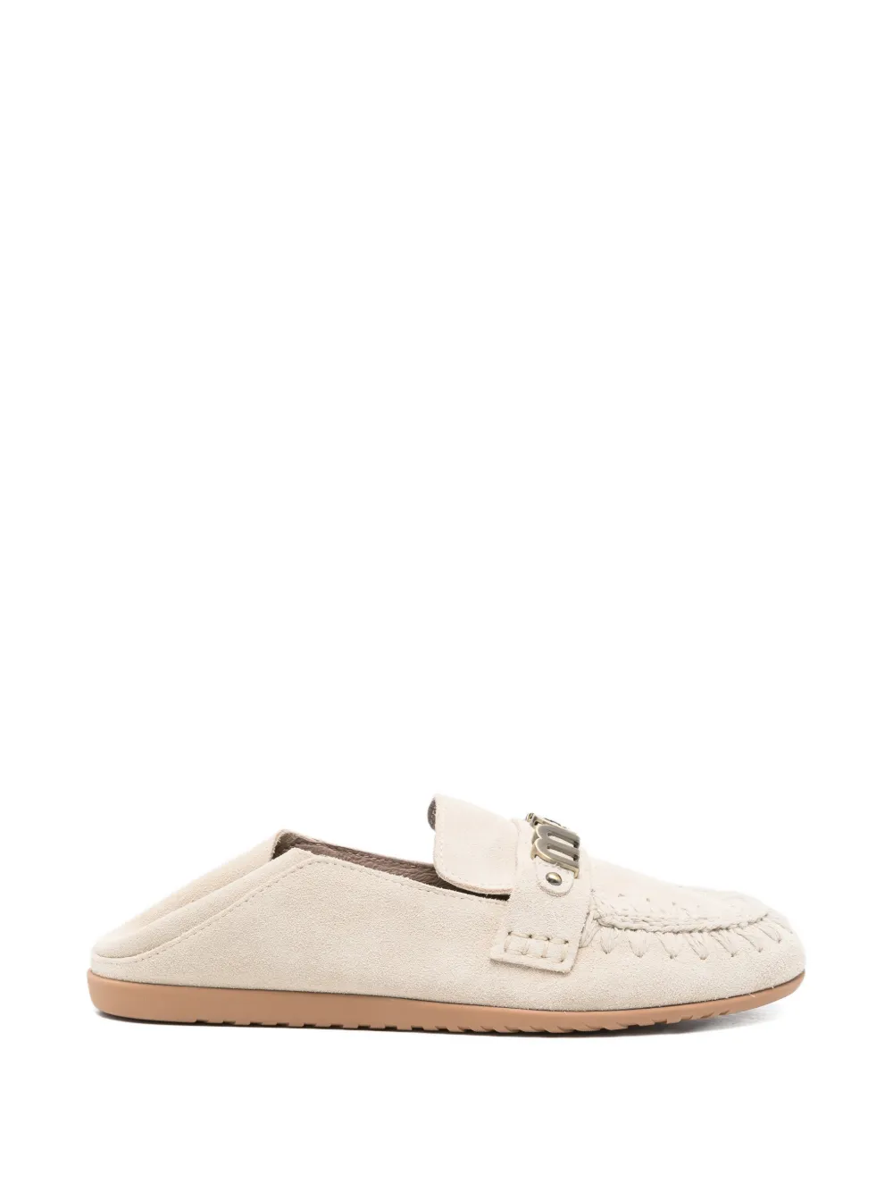 Mou logo-plaque whipstitch-trim loafers Beige