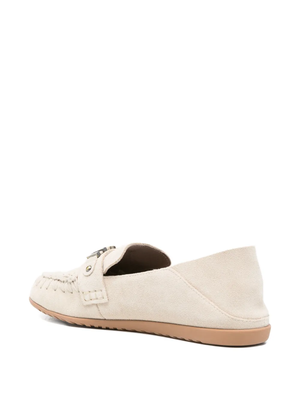 Mou logo-plaque whipstitch-trim loafers Beige