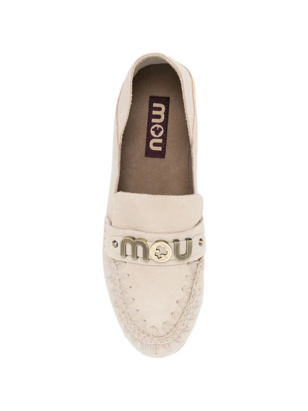 Mou logo-plaque whipstitch-trim loafers Beige