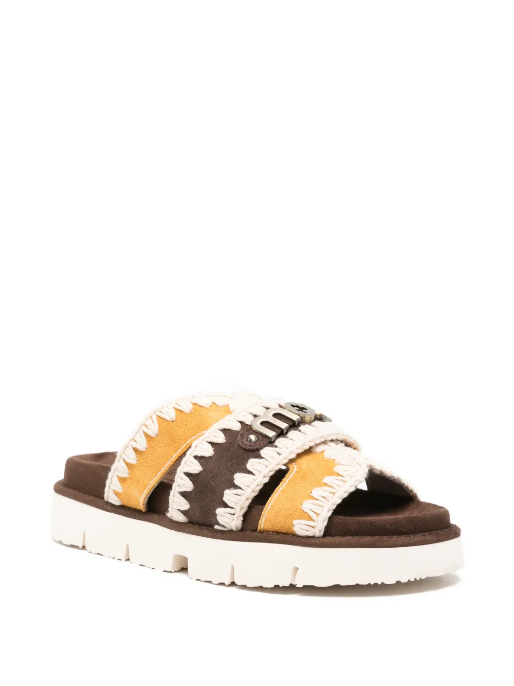 Mou Bio crochet-trim logo-plaque sandals Bruin