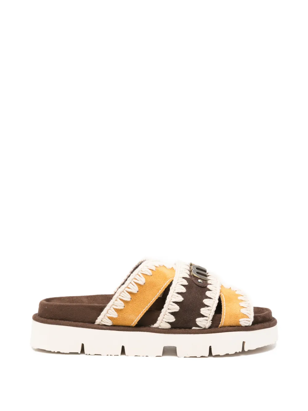 Mou Bio crochet-trim logo-plaque sandals Bruin