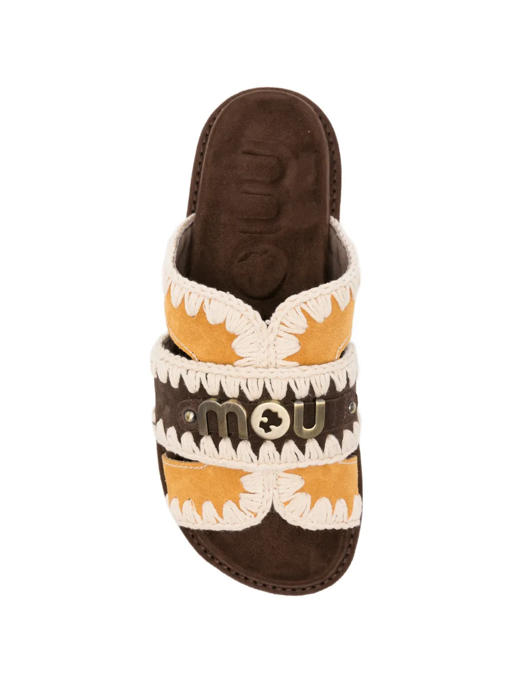 Mou Bio crochet-trim logo-plaque sandals Bruin
