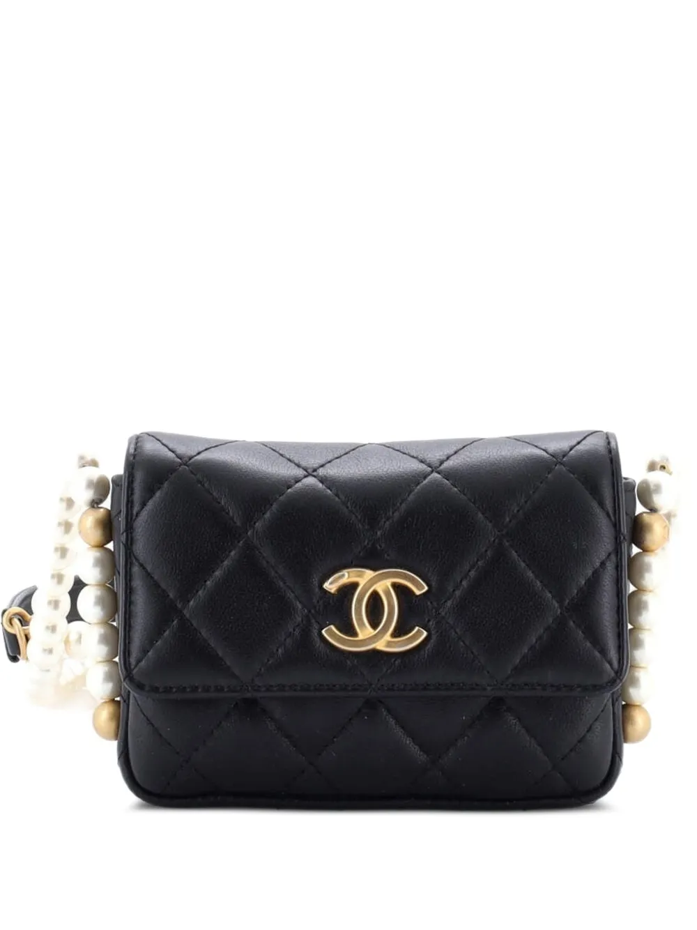 CHANEL Pre-Owned About Pearls Flap Card Holder with Chain Quilted Calfskin crossbody bag - Nero