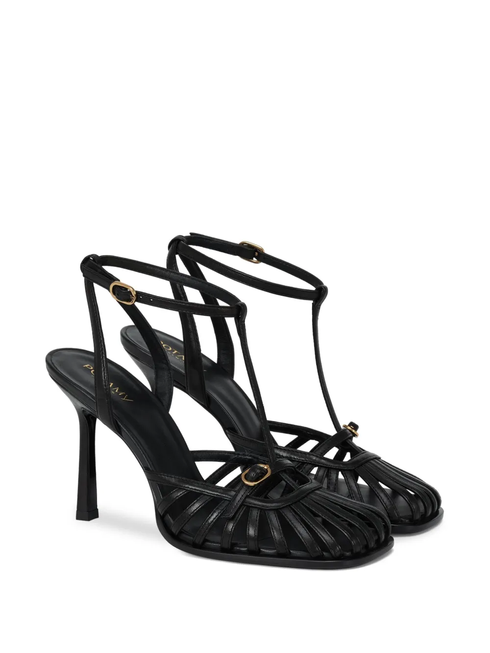 POTAMY Gekooide leren sandalen met T-bandje Zwart