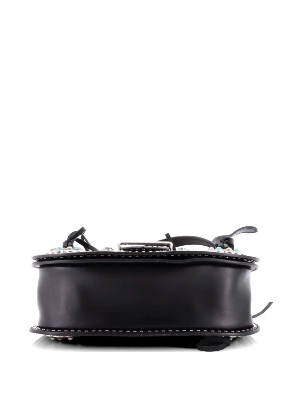 Pre-owned Prada Folk Saddle Embellished Leather With Fringe Medium Shoulder Bag In Black