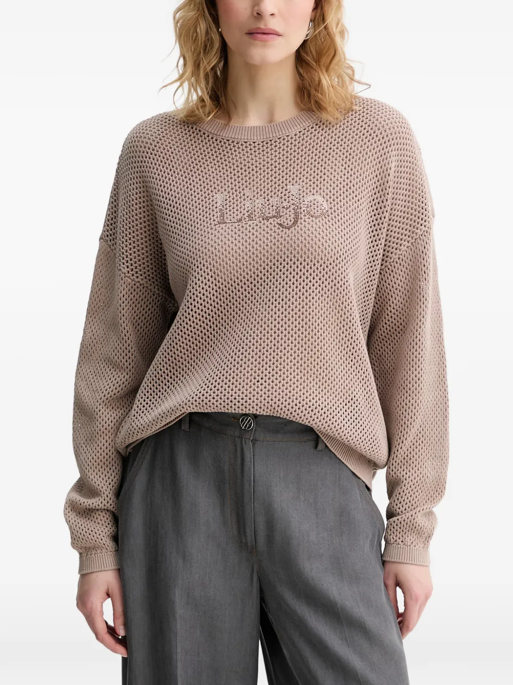 LIU JO rhinestone-logo mesh-knit sweater - Toni neutri