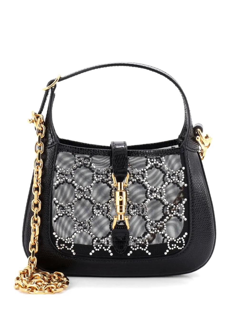 Gucci Pre-Owned Jackie 1961 Chain Crystal GG Embellished Mesh with Lizard Mini hobo bag - Nero