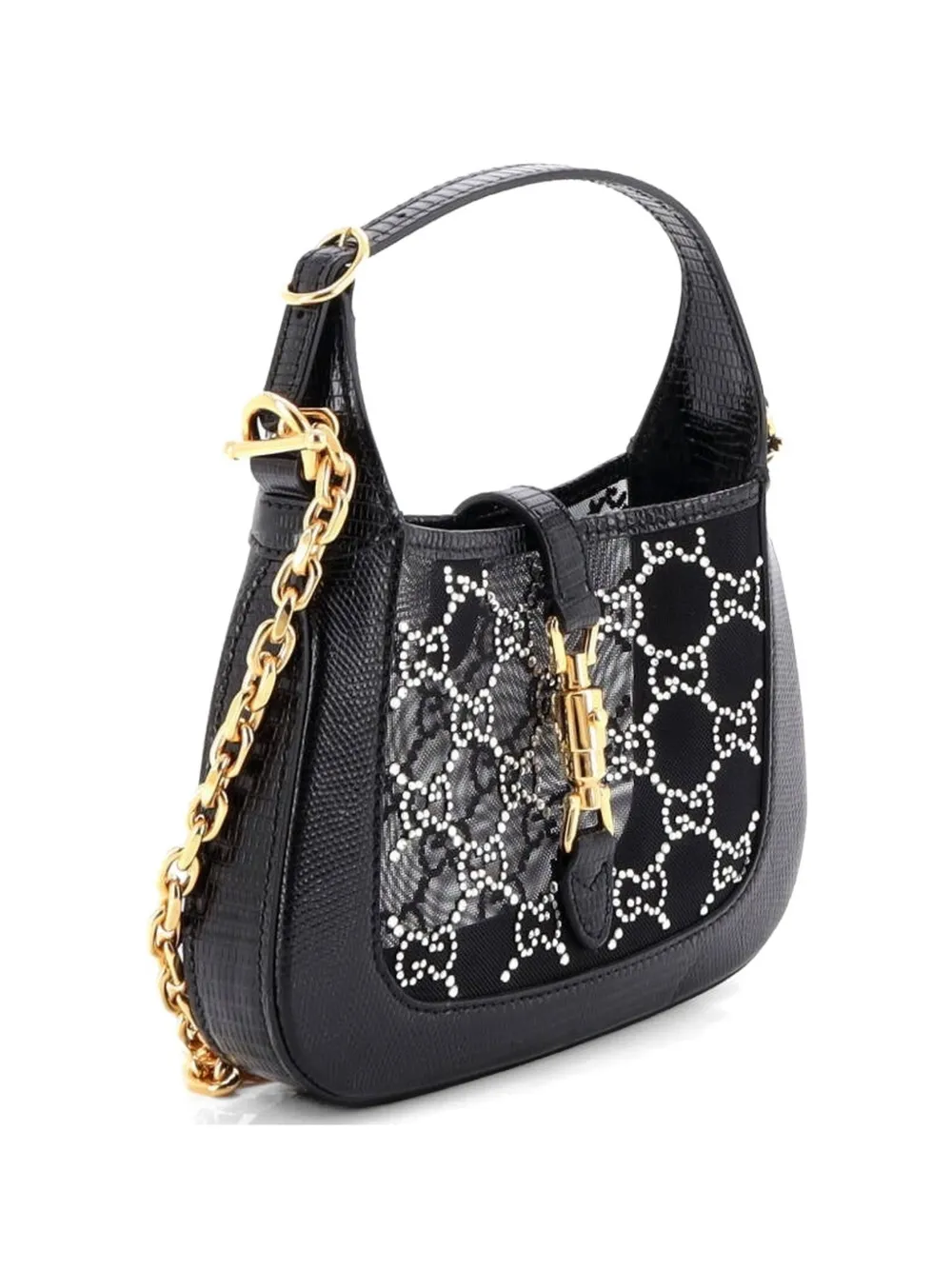  Gucci Pre-owned Borsa Passepartout Jackie 1961 Mini In Pelle Di Lucertola Con Gg Di Cristalli - Nero 