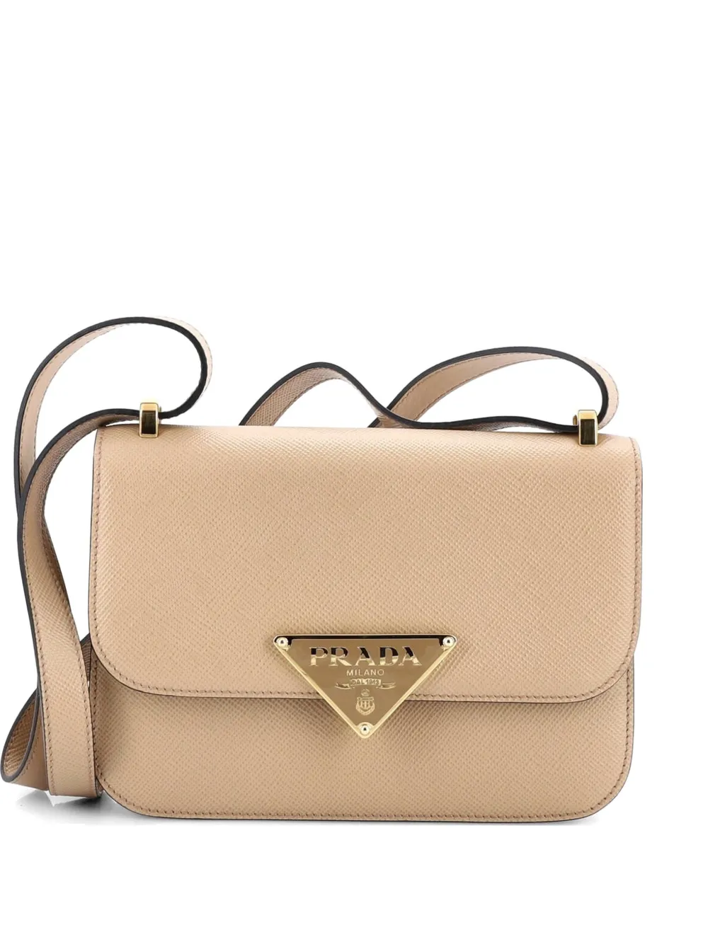 Pre-owned Prada Embleme Triangle Logo Flap Bag Saffiano Leather Small Shoulder Bag In Neutral