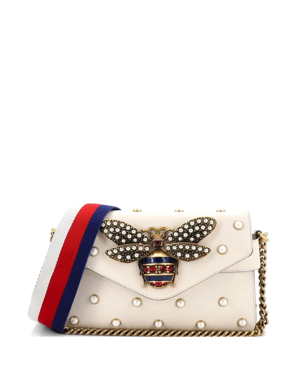 Gucci Pre-Owned Broadway Pearly Bee Embellished Leather Mini shoulder bag - Bianco