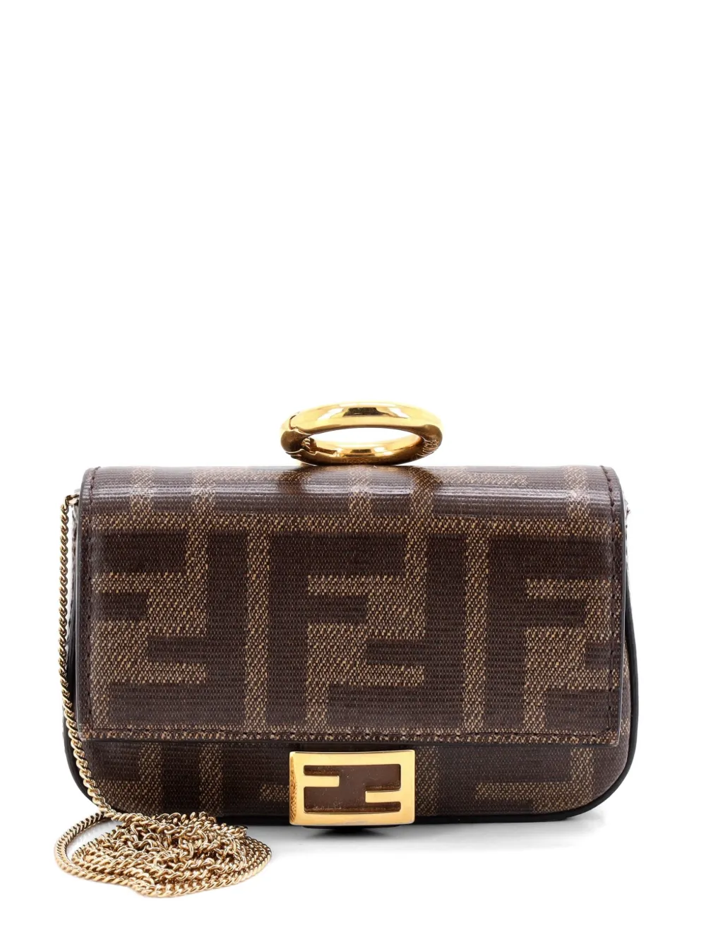 Fendi Pre-Owned Chain Baguette Charm Bag Zucca Coated Canvas Nano crossbody bag - Marrone