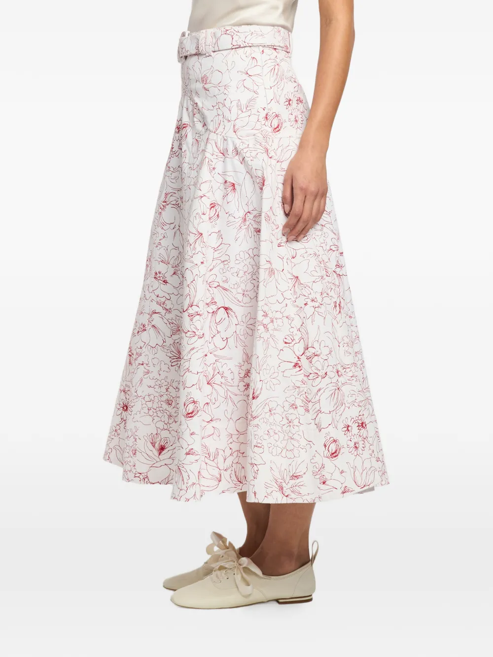 Cinq A Sept Nala midi-rok met bloemen-print en ceintuur Wit