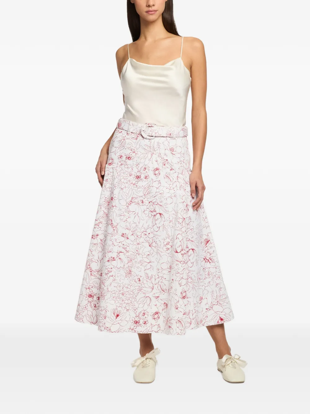 Cinq A Sept Nala midi-rok met bloemen-print en ceintuur Wit