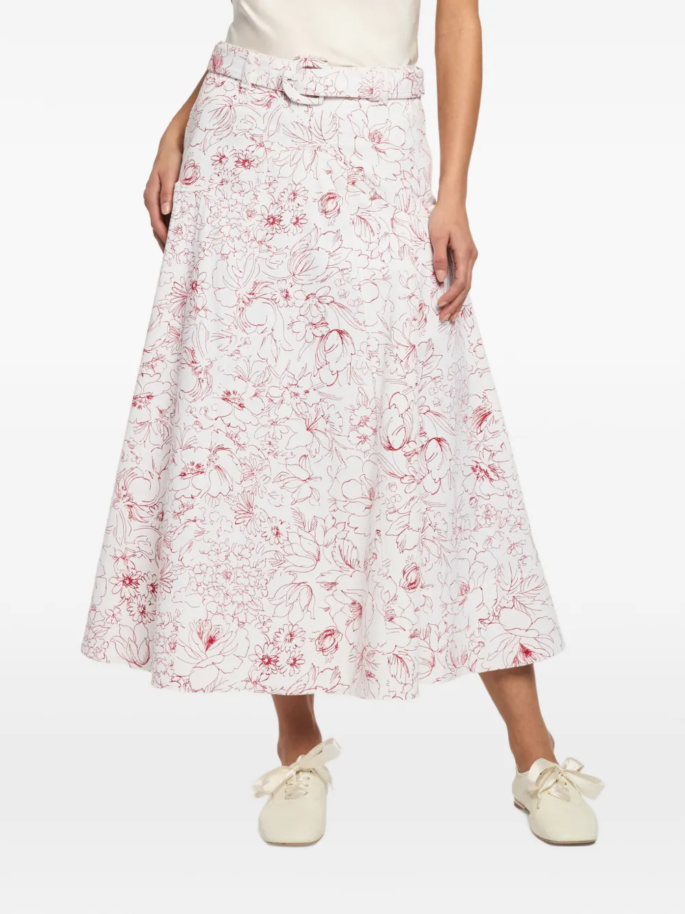 Cinq A Sept Nala midi-rok met bloemen-print en ceintuur Wit