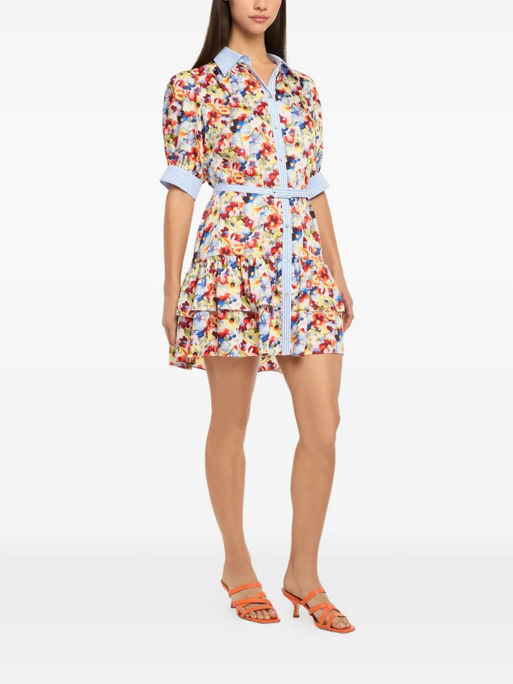 Cinq A Sept Gestreepte mini-jurk met bloemen-print Beige