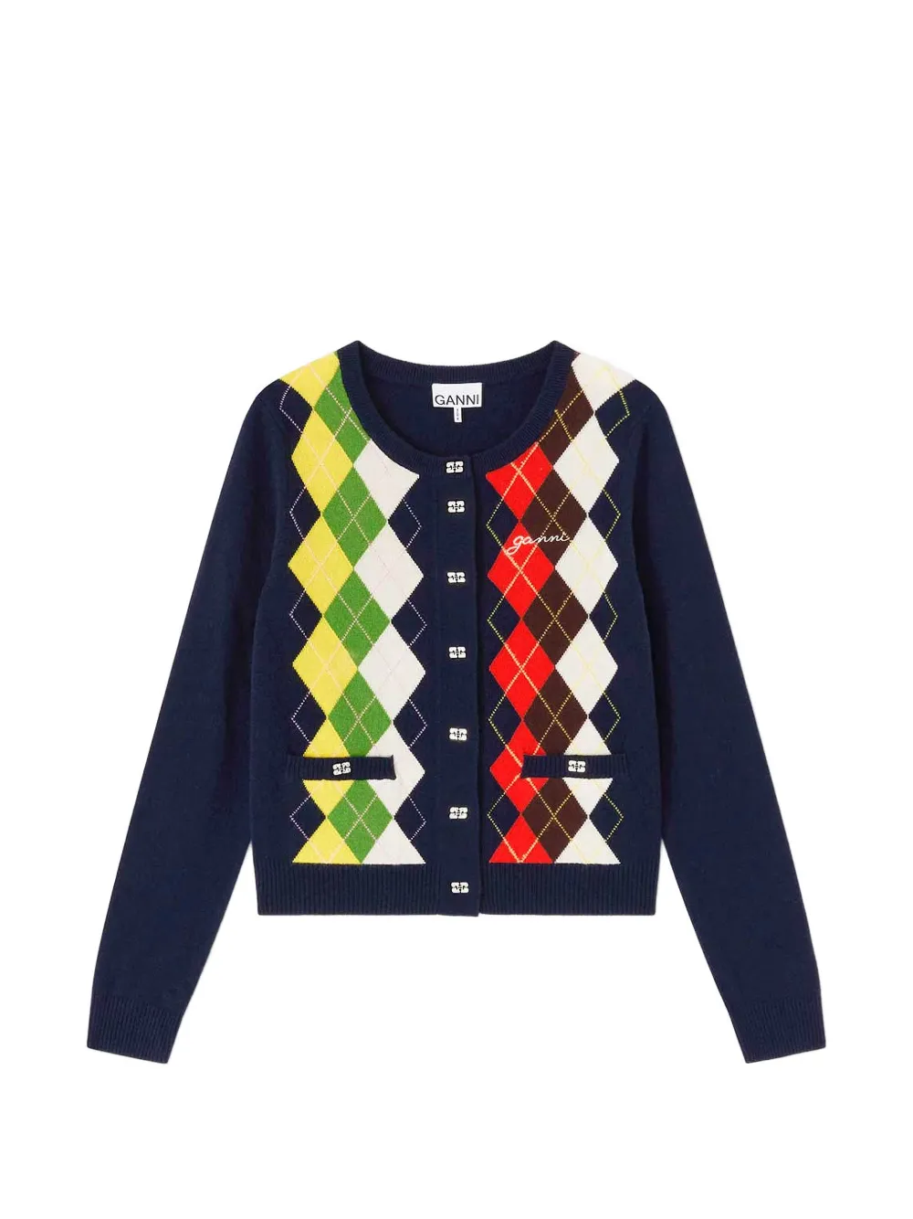 GANNI argyle-print pocket-details wool cardigan - Blue
