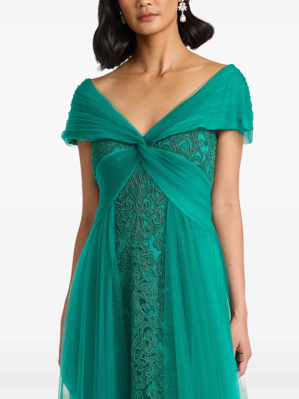 Tadashi Shoji Maxi-jurk met kant en gedraaid effect Groen