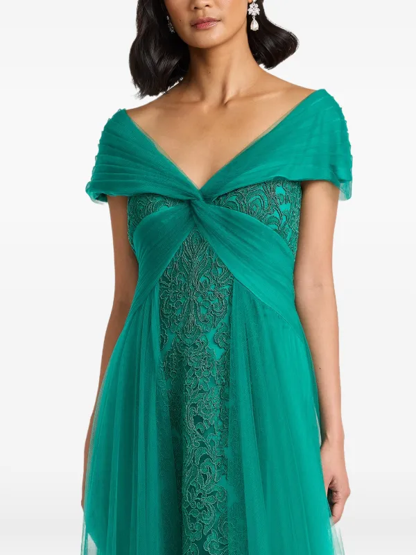 tadashi shoji green lace dress Tadashi Shoji Women's Parello Lotus-Embroidered Tulle Gown - Emerald