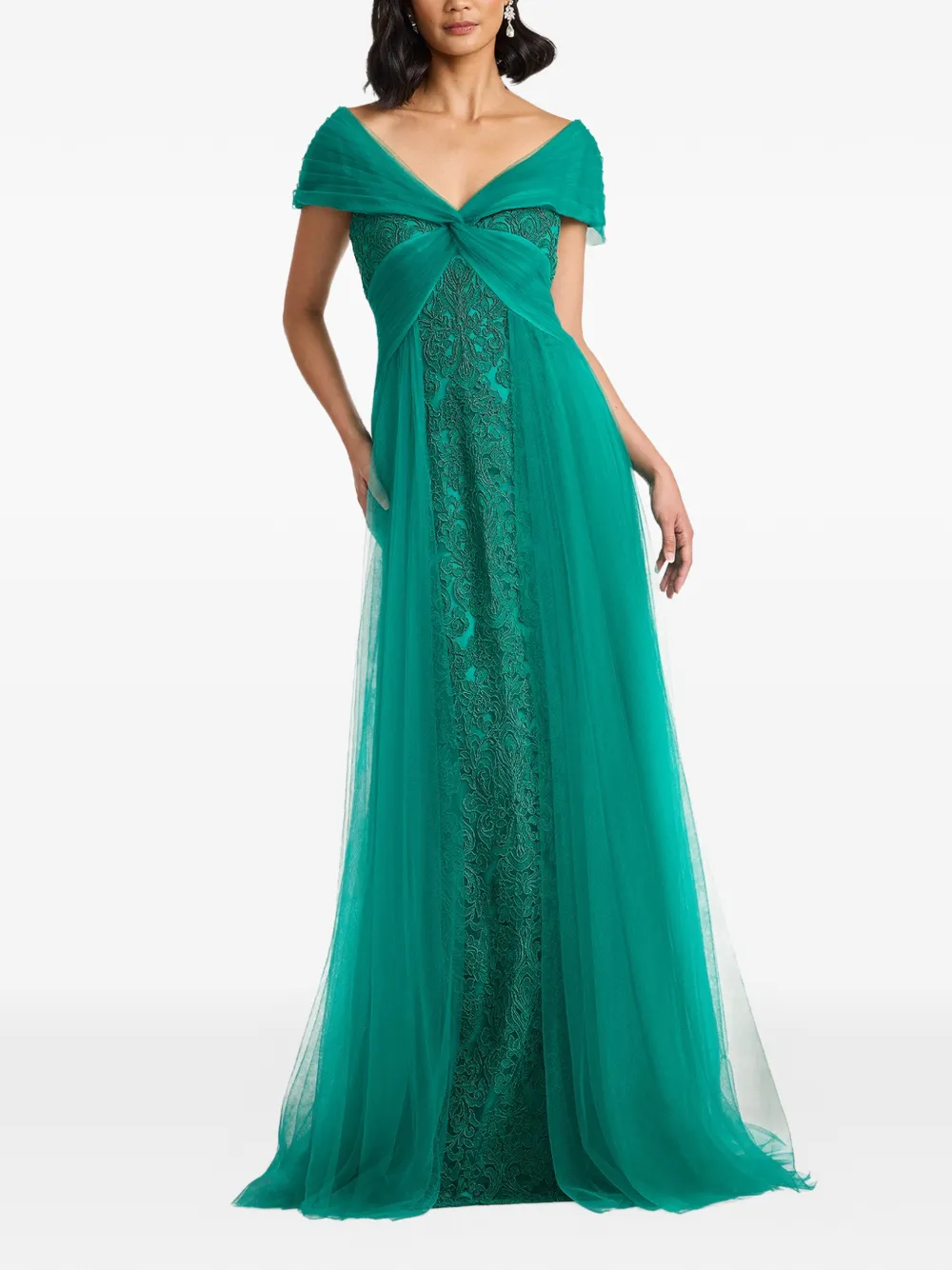 Tadashi Shoji Maxi-jurk met kant en gedraaid effect Groen