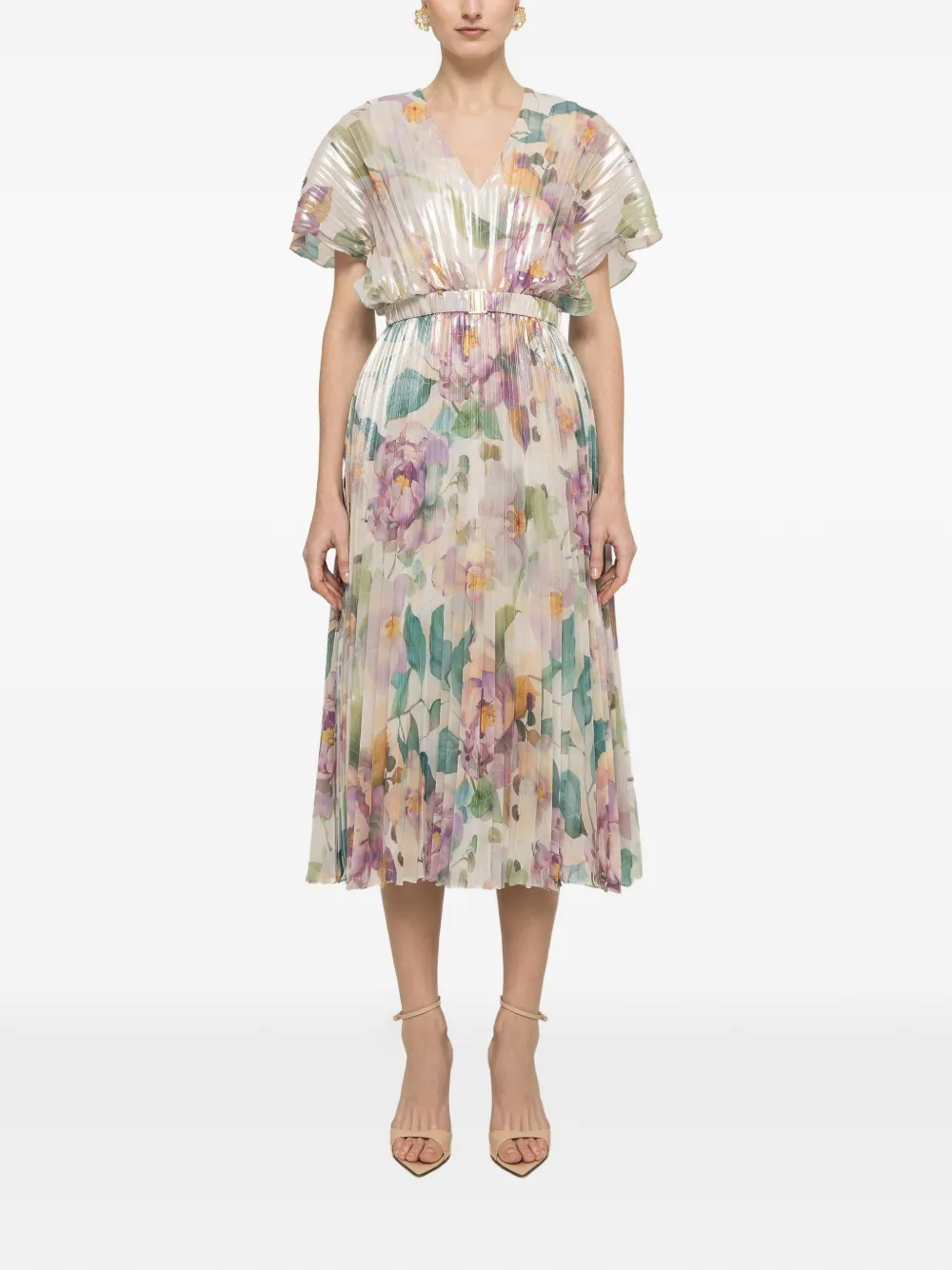 NISSA pleated floral-print midi dress - Nude