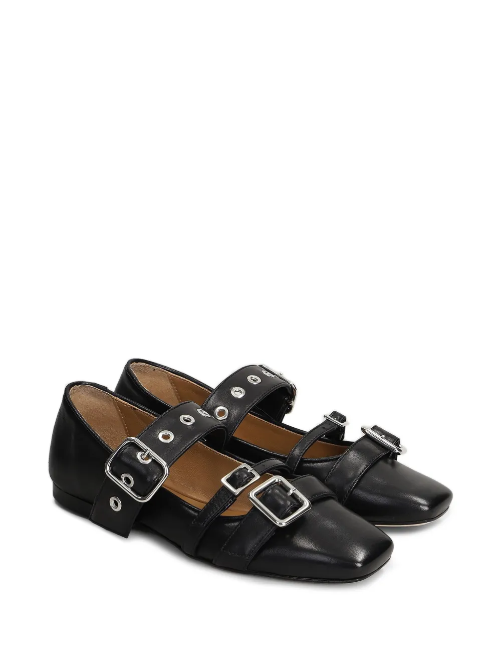 Anna F. eyelet-embellished buckle-strap leather ballet flats Zwart