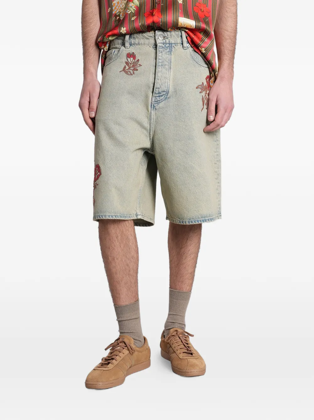 Drôle De Monsieur floral-embroidered denim shorts - Blu