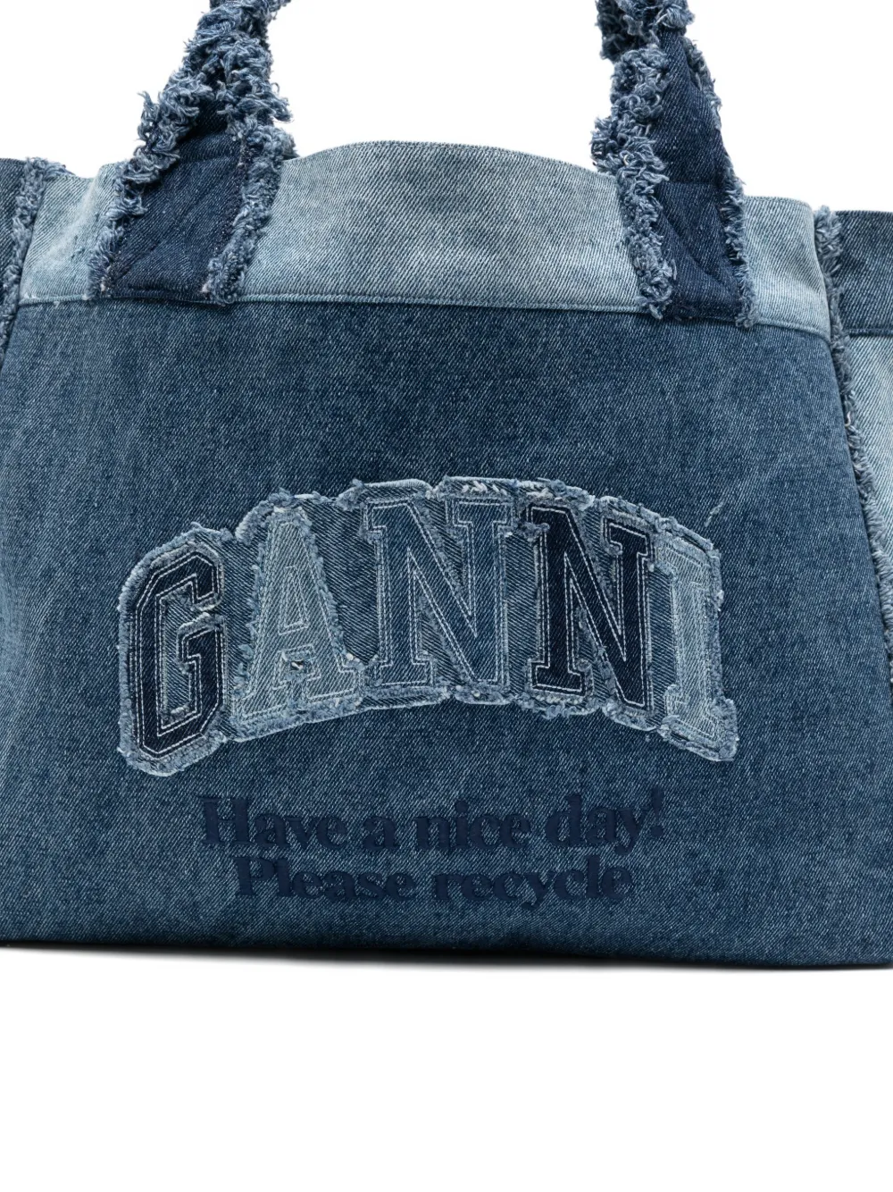 GANNI Shopper met patchwork en franje Blauw
