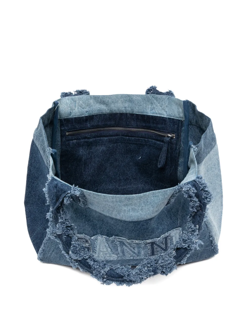 GANNI Shopper met patchwork en franje Blauw