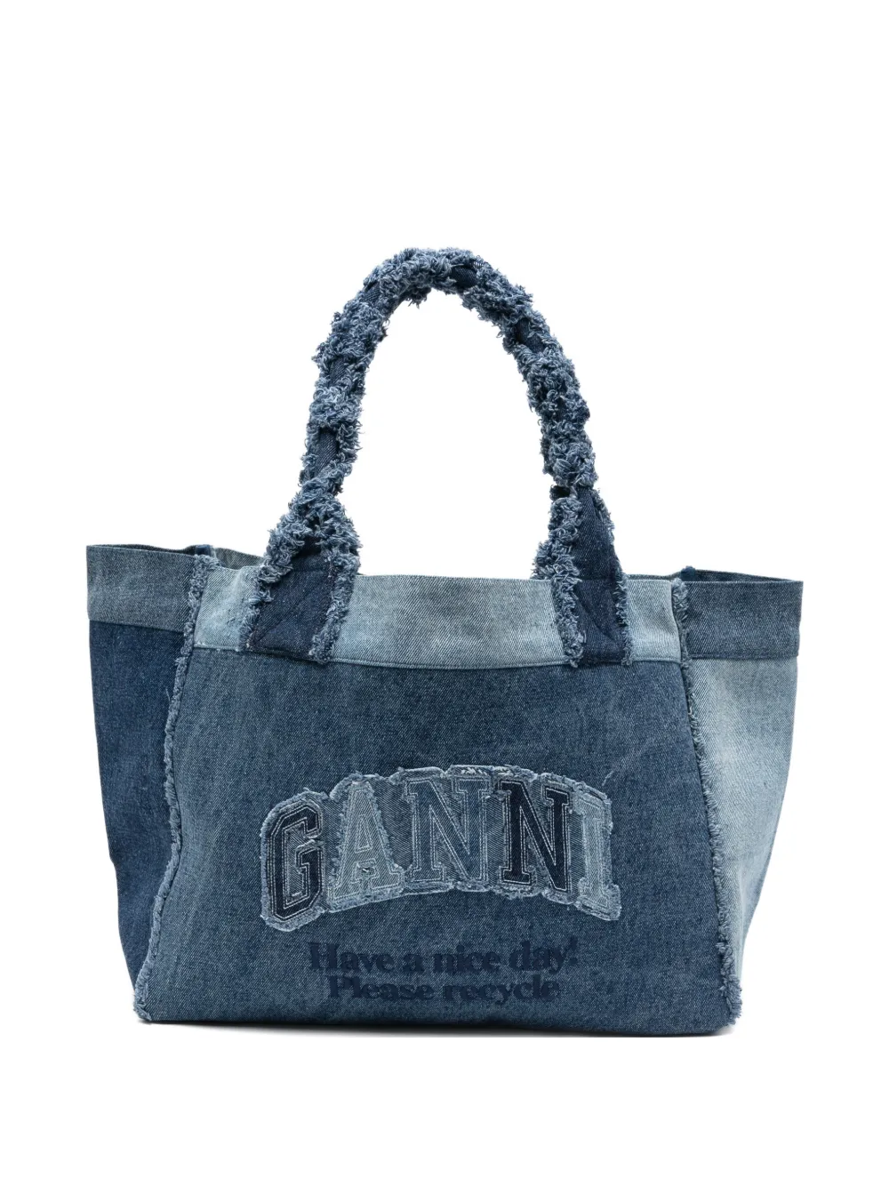 GANNI patchwork frayed tote bag - Blue