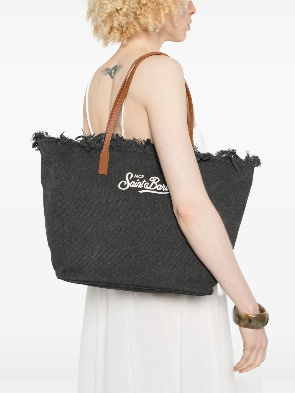 MC2 Saint Barth Shopper met geborduurd logo en franje Zwart