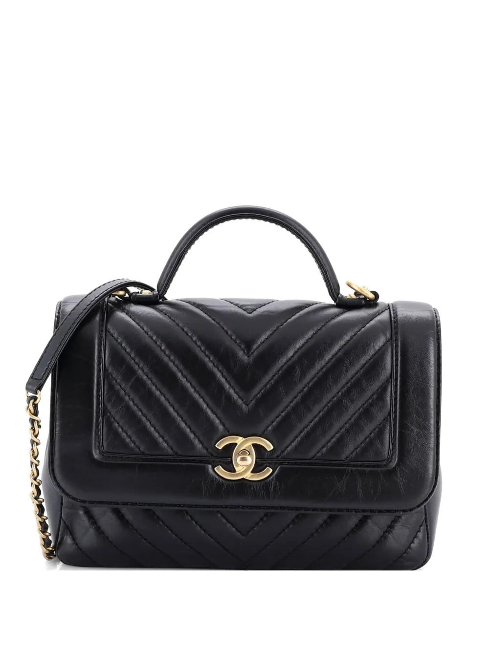 CHANEL Pre-Owned Top Handle Flap Bag Chevron Calfskin Small crossbody bag - Nero