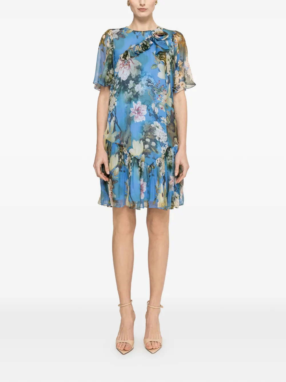 NISSA floral ruffled silk mini dress - Blu