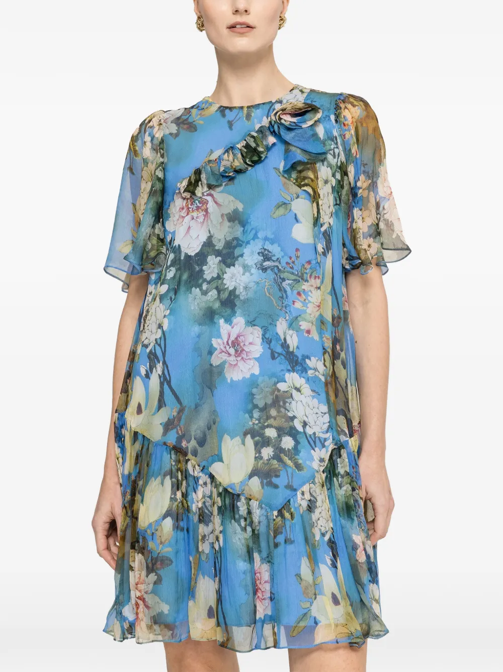 NISSA Mini-jurk met bloemenprint en ruches Blauw