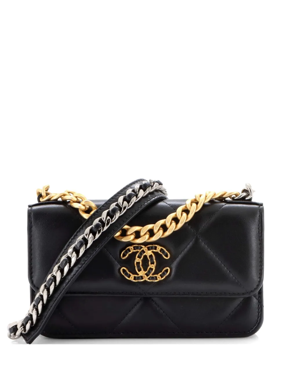 CHANEL Pre-Owned 19 Flap Phone Holder with Chain Quilted Lambskin crossbody bag - Nero