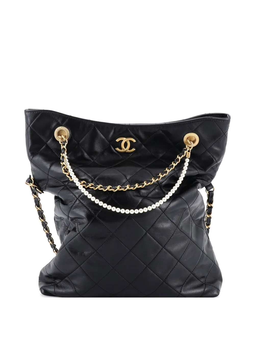 CHANEL Pre-Owned Pearl Strap Fold Over Shopping Tote Quilted Calfskin Medium shoulder bag - Nero