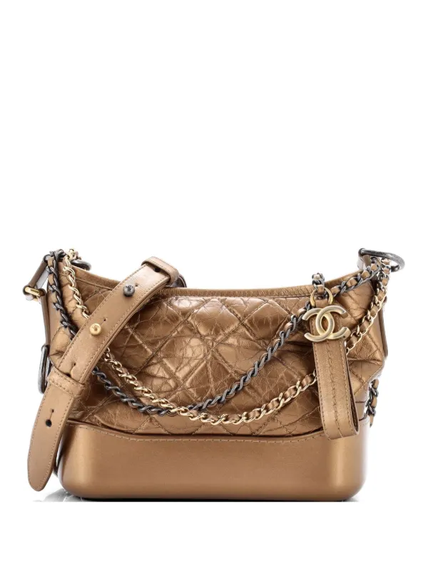 Chanel Pre-owned Gabrielle Quilted Metallic Aged Calfskin Small Hobo Bag in Gold
