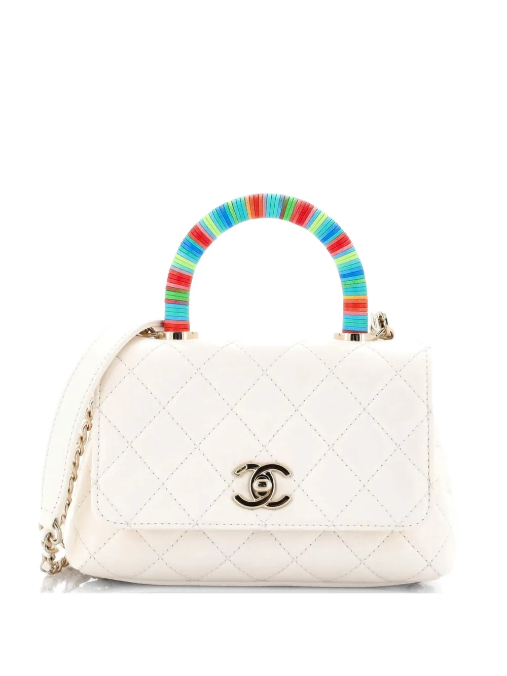 CHANEL Pre-Owned Coco Top Handle Bag Quilted Goatskin with Multicolor Handle Extra Mini satchel - Bianco