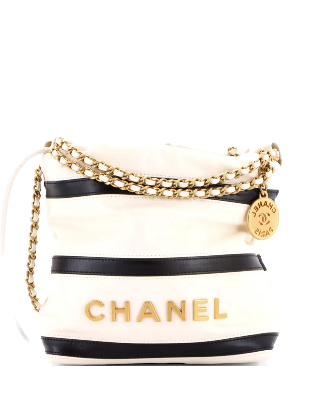 CHANEL Pre-Owned 22 Chain Striped Shiny Calfskin Mini hobo bag - Bianco