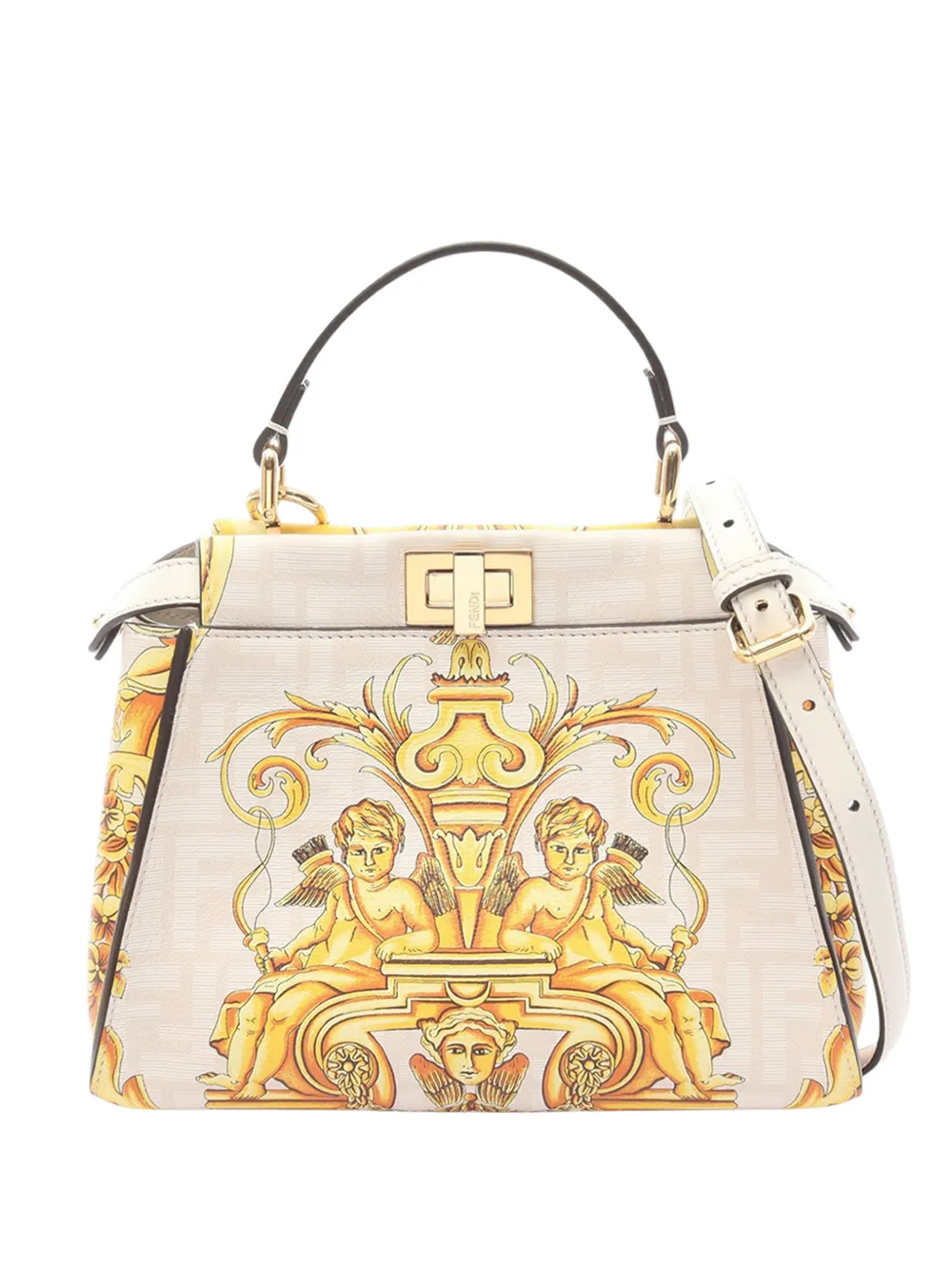 Fendi Pre-Owned 2010-2026 Versace Fendace Mini Zucca Leather Baroque Print Peekaboo satchel - Bianco