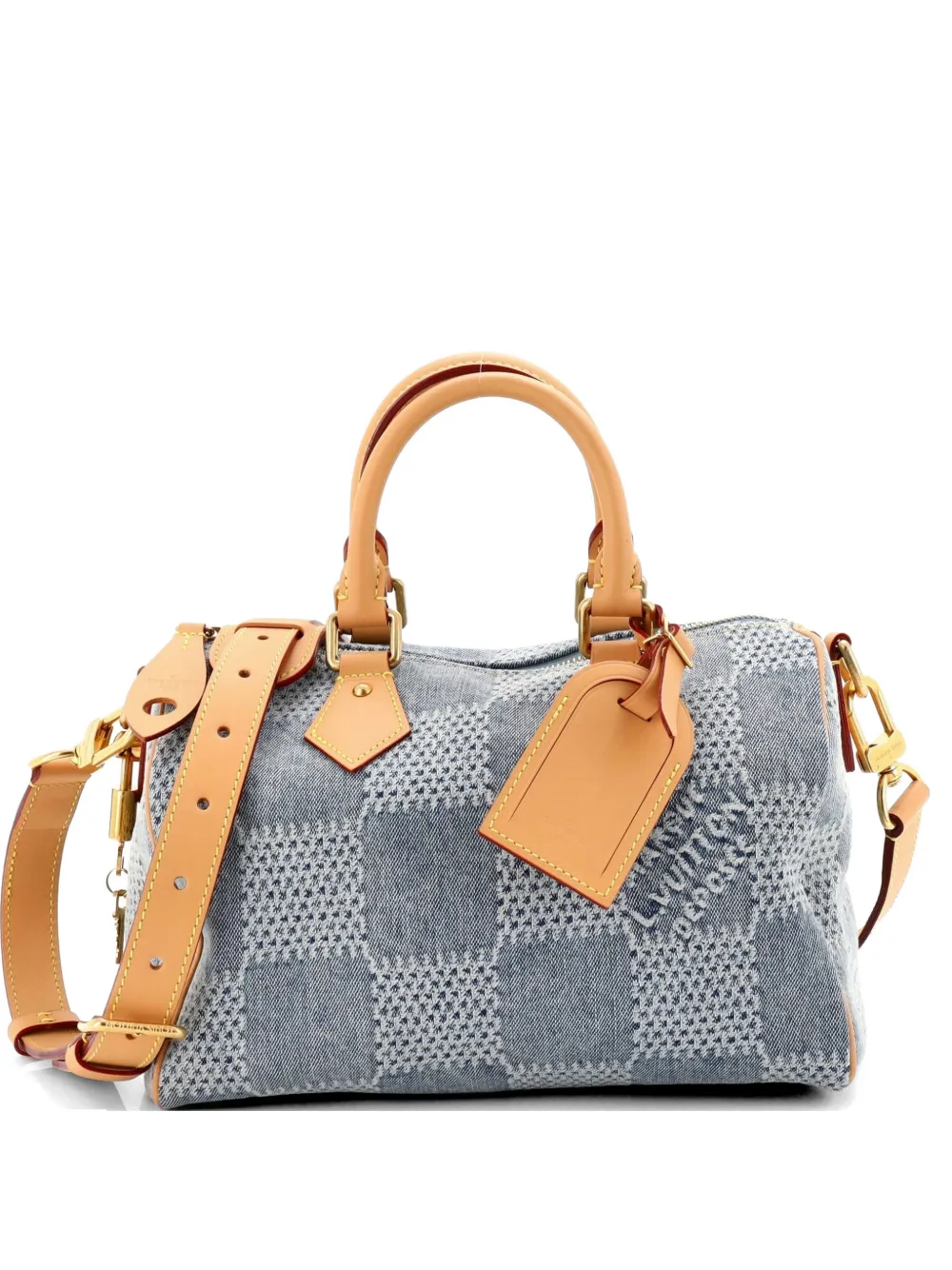 Pre-owned Louis Vuitton Speedy Bandouliere Bag 3d Damier Giant Denim 25 Satchel In Blue