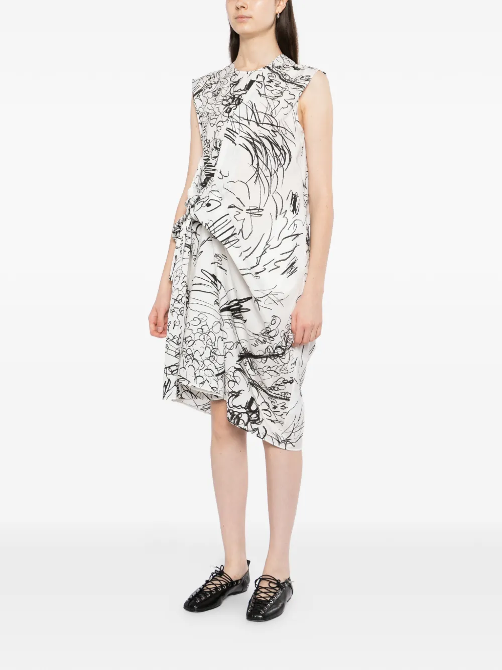 JNBY Handgetekende jurk met bloemenprint en getailleerde taille Wit