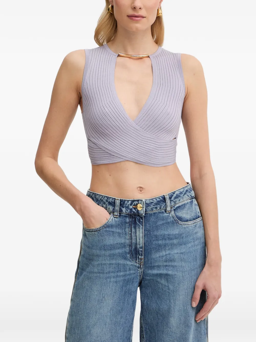 Elisabetta Franchi Ribgebreide wikkeltop Paars