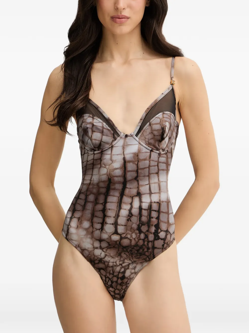 Elisabetta Franchi crocodile-effect mesh-panel swimsuit - Marrone