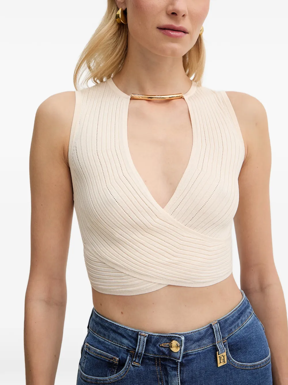 Elisabetta Franchi Geribbelde top met overslag Beige