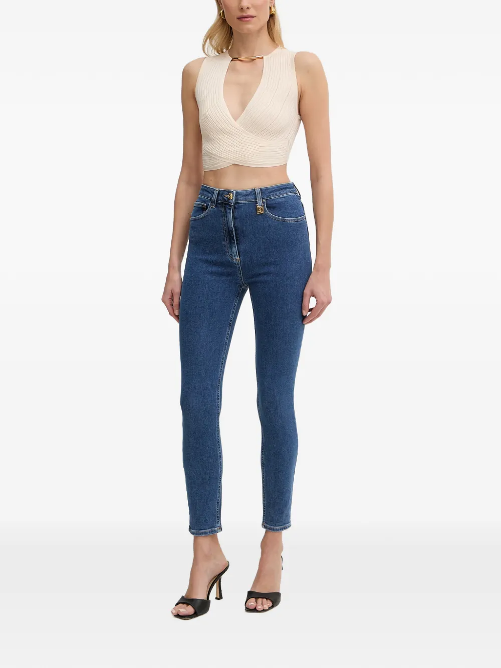 Elisabetta Franchi Geribbelde top met overslag Beige