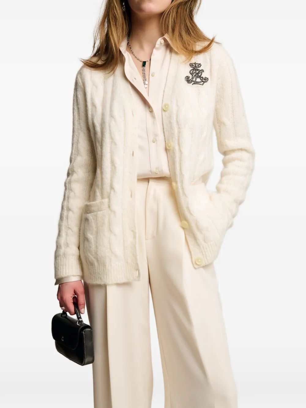 Lauren Ralph Lauren logo-embellished cable-knit cardigan - Tons neutres Lauren Ralph Lauren logo-embellished cable-knit cardigan - Tons neutres
