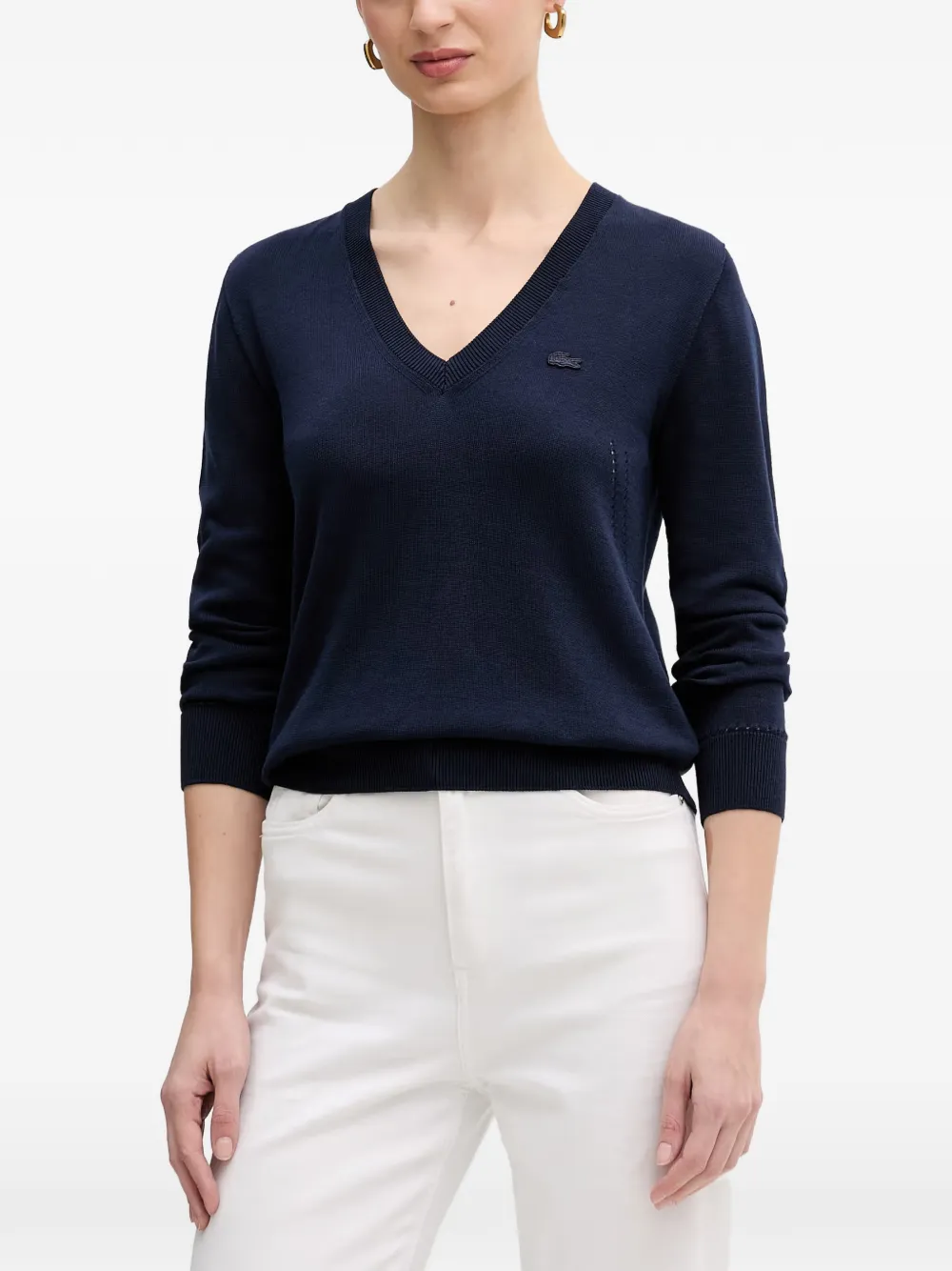 Lacoste Logo-patch V-neck Sweater In Blue