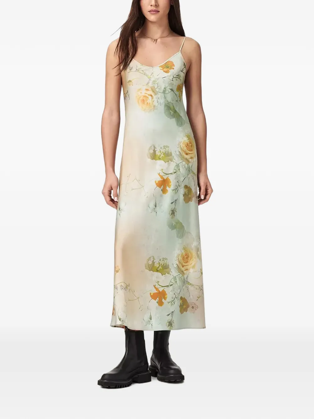 AllSaints Bryony floral-print slip midi dress - Toni neutri