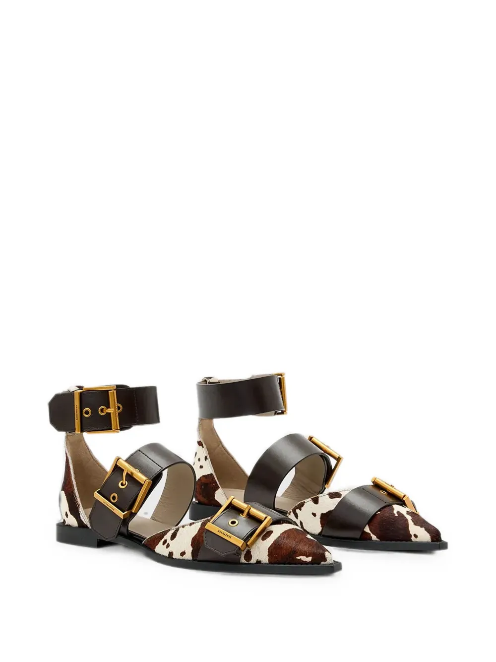 AllSaints Sutton ballerina's met koeienprint en gesp Bruin