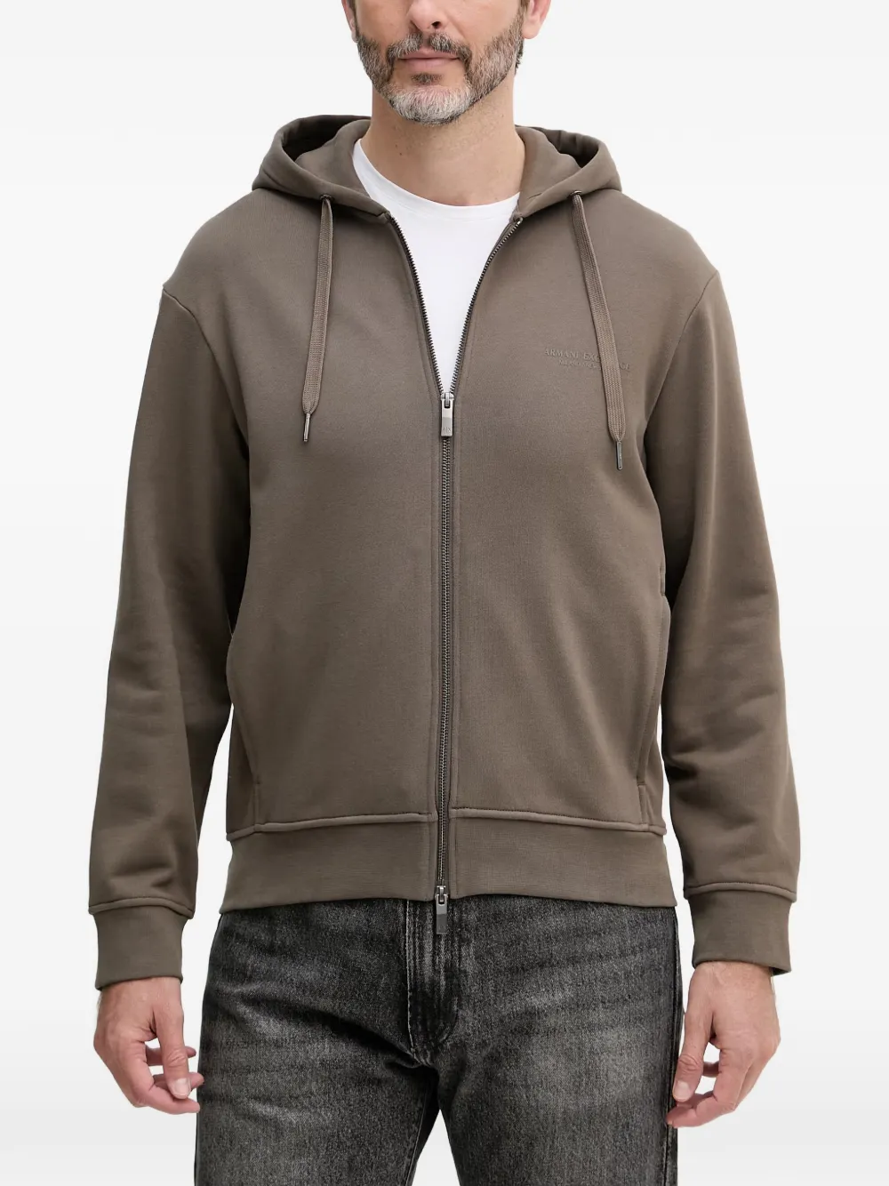 Armani Exchange Logo-embroidered Zip-up Hoodie In Brown